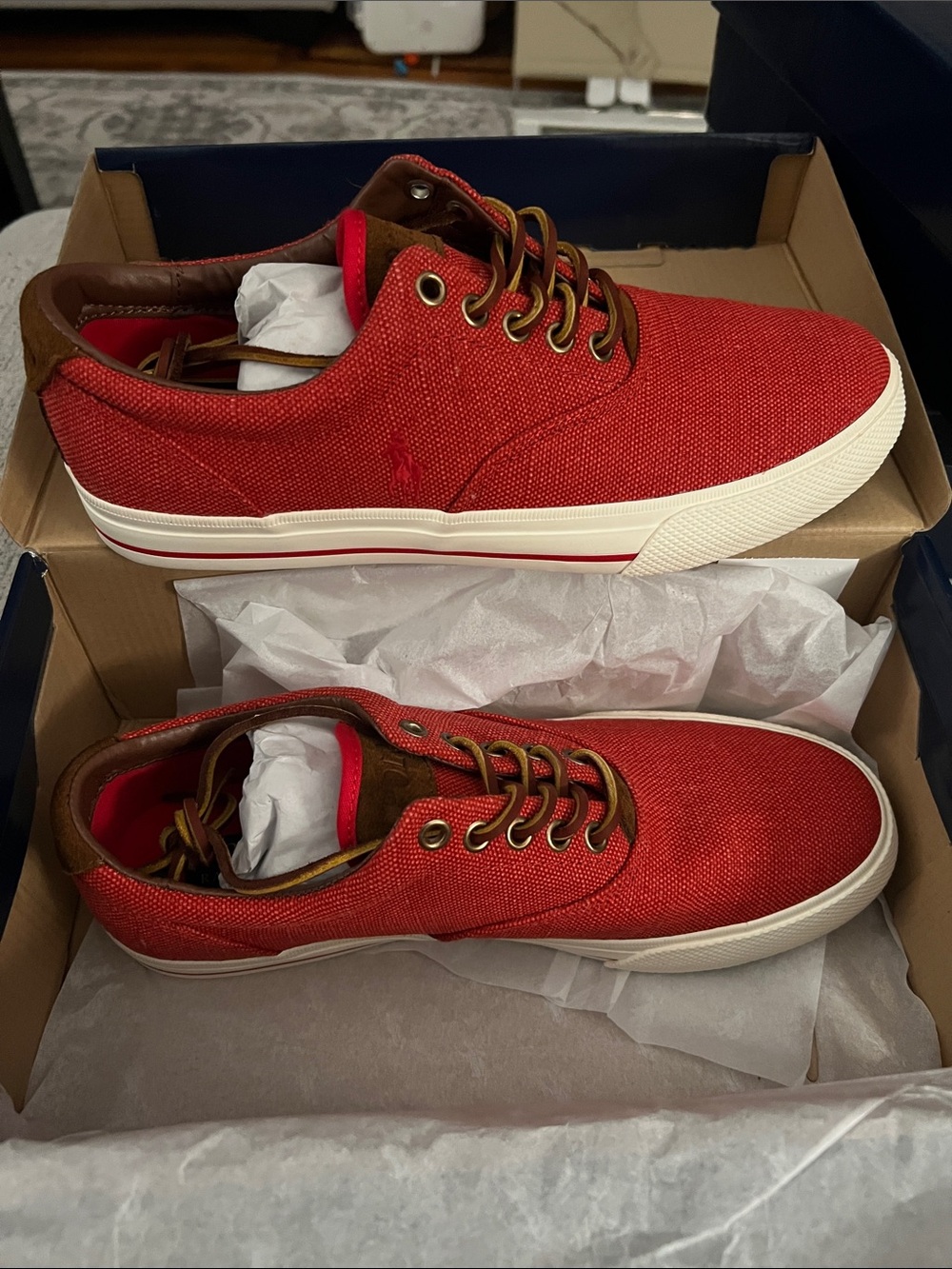 Polo by Ralph Lauren Red burlap Low-Top Sneakers with Brown Trim